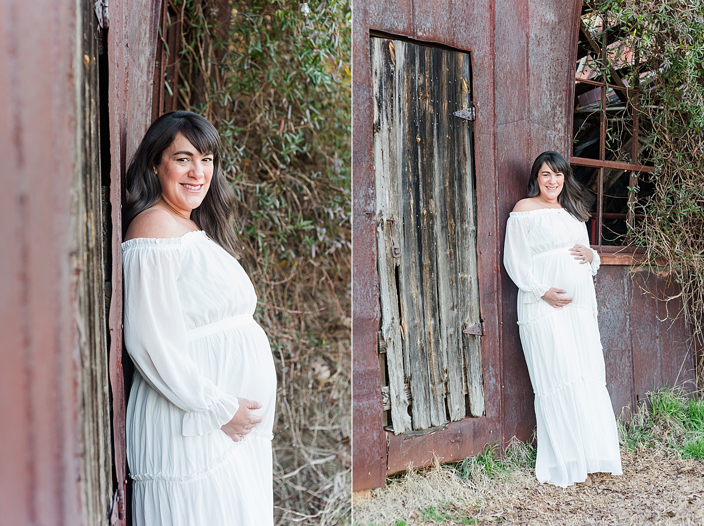 Expecting mom in long white dress near red barn | Photo by Anna Wisjo Photography