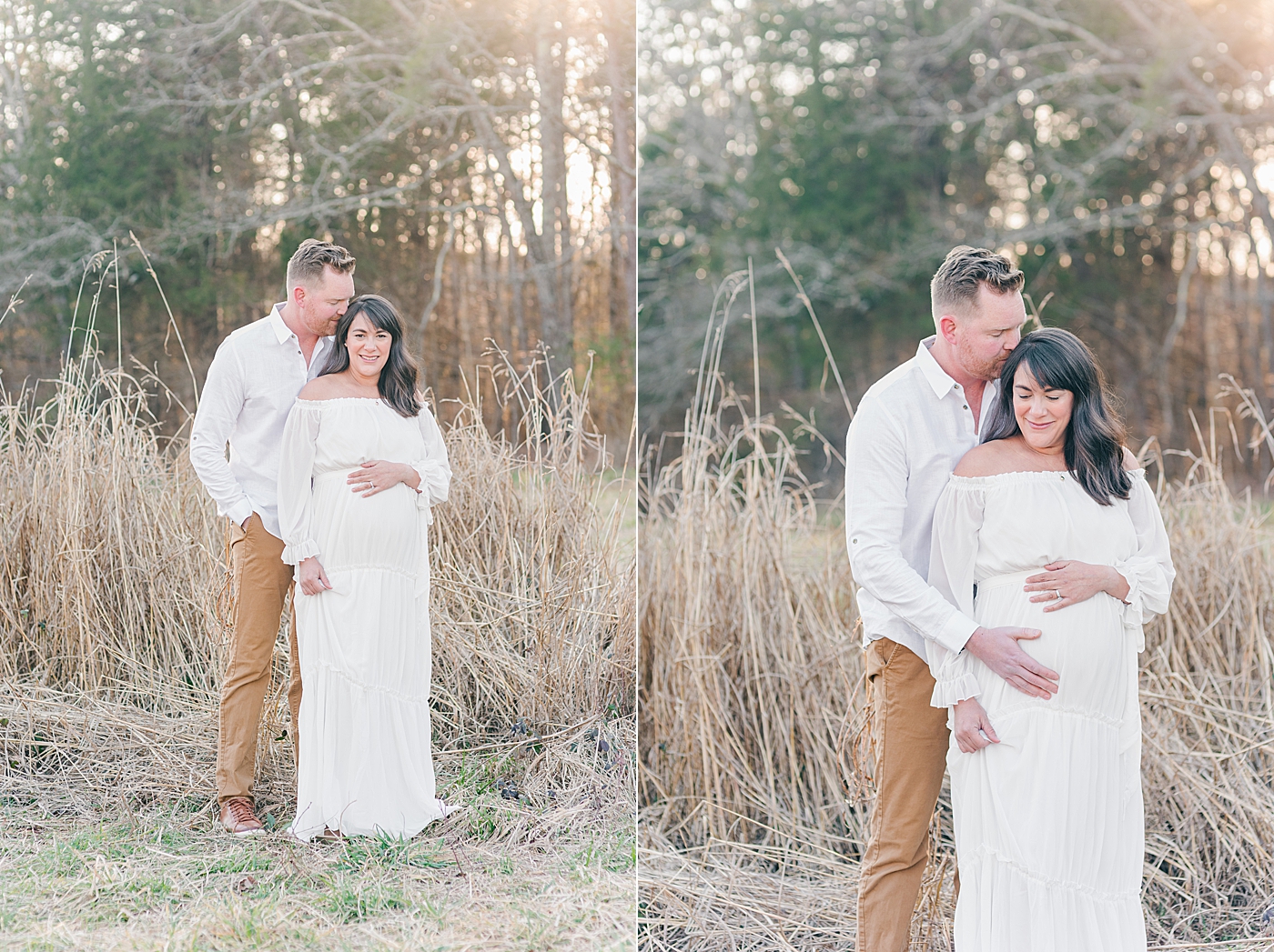 Mom and dad in white snuggling during photo session at fisher farm park | Photo by Anna Wisjo Photography