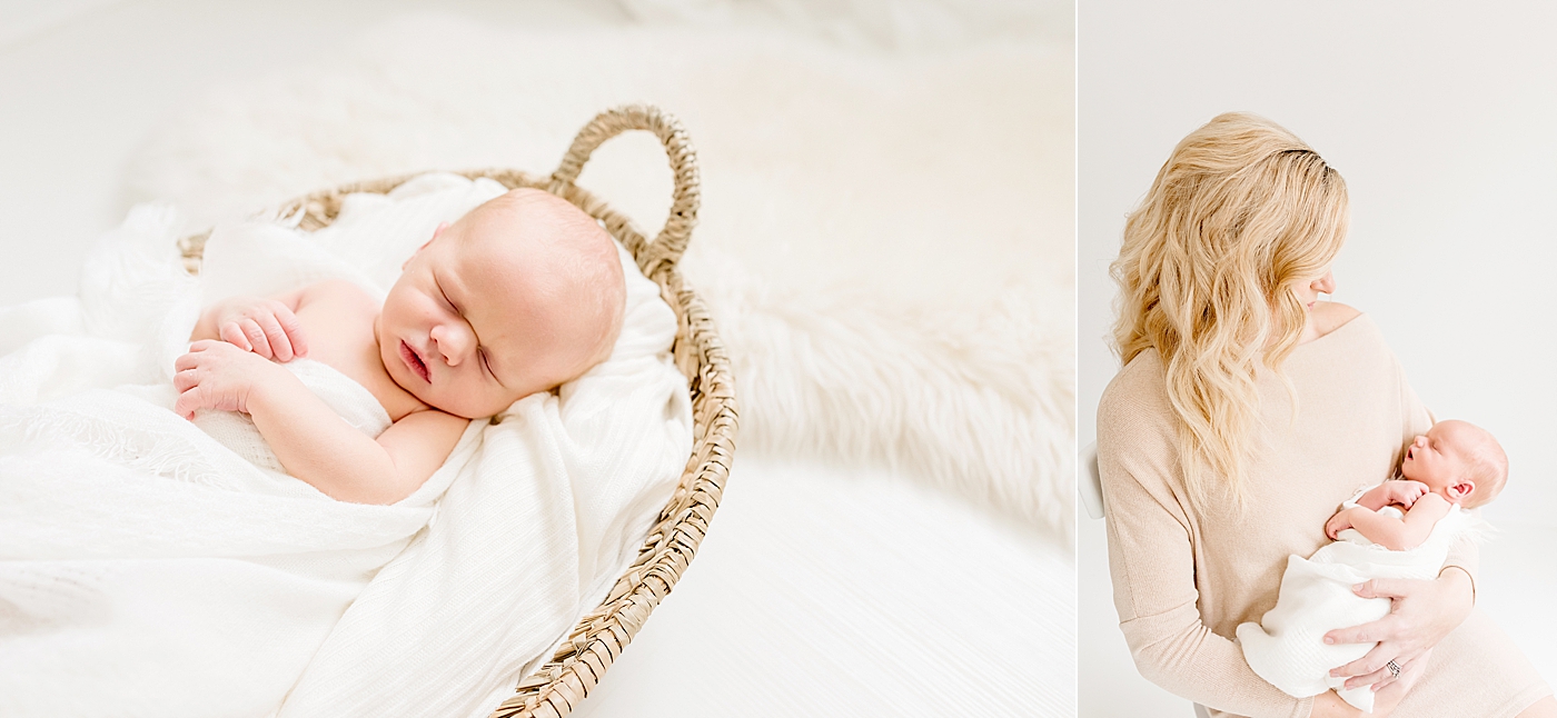 Newborn baby in white swaddle in mosses basket | Mom holding newborn baby | Photo by Anna Wisjo Photography