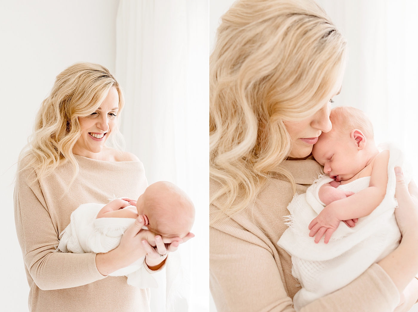 Mom in cream dress holding baby boy in studio newborn session in Denver NC | Photo by Anna Wisjo Photography