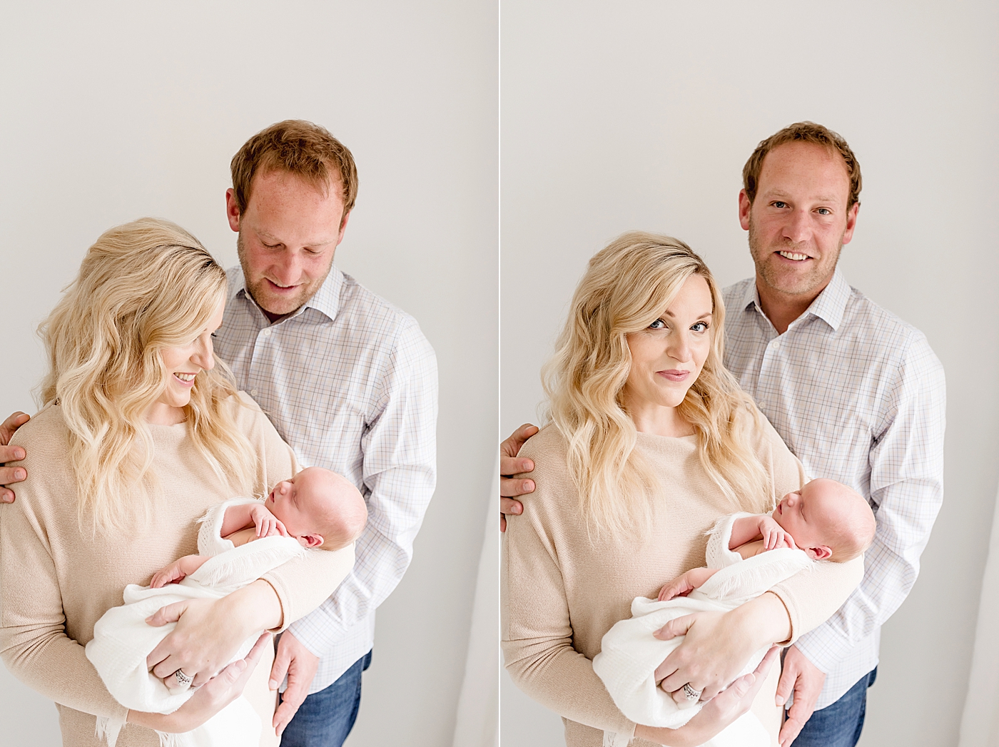 New mom and dad holding newborn wrapped in swaddle during Denver NC studio session| Photo by Anna Wisjo Photography