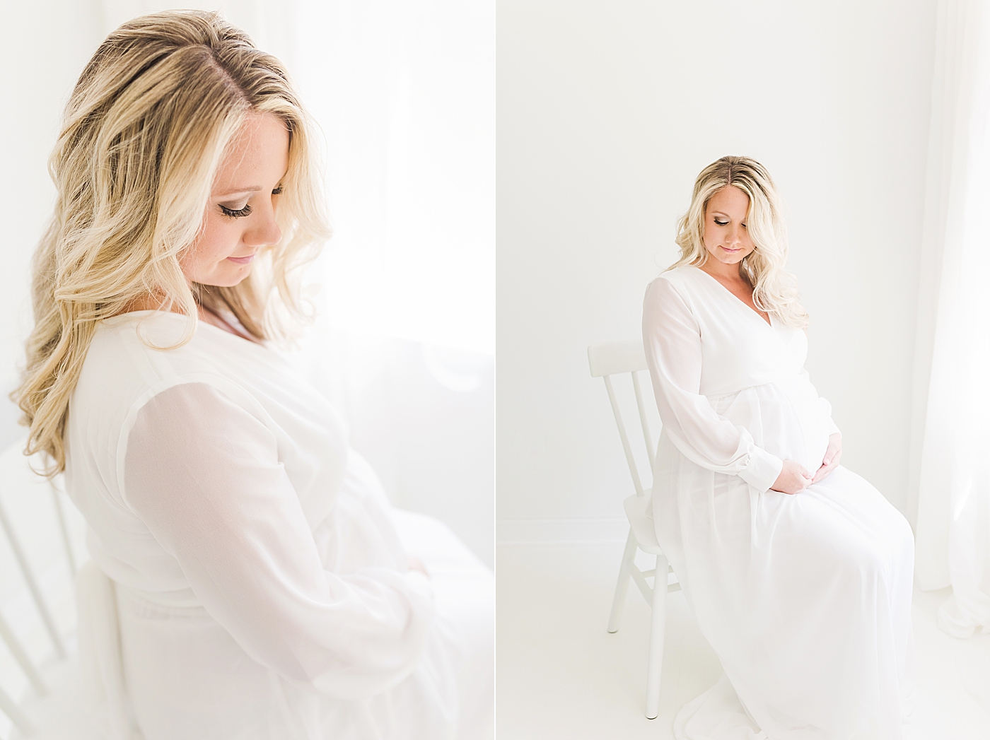 Pregnant woman in white dress sitting in white chair | Photo by Anna Wisjo Photography