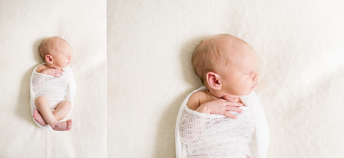 Detail photos of newborn baby girl in shite swaddle | Photo by Anna Wisjo Photography