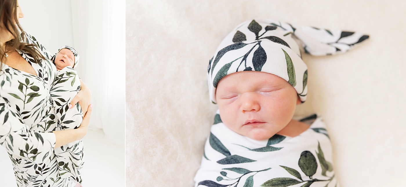 Mom and newborn in matching print | Photo by Denver NC Newborn Photographer Anna Wisjo Photography