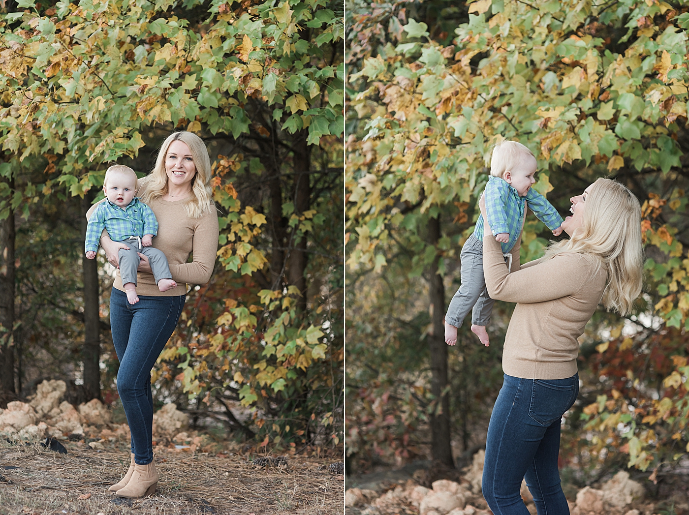 Mom playing with baby boy in blue | Photo by Denver NC Milestone Photographer Anna Wisjo 