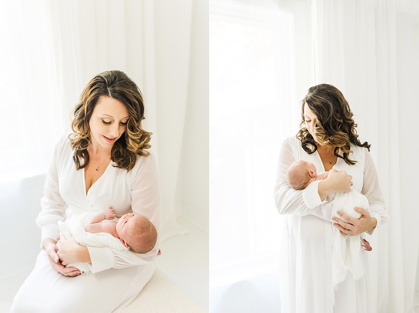 Portrait of mom in long while dress holding her new baby boy | Anna Wisjo Photography - Baby Photographer Charlotte