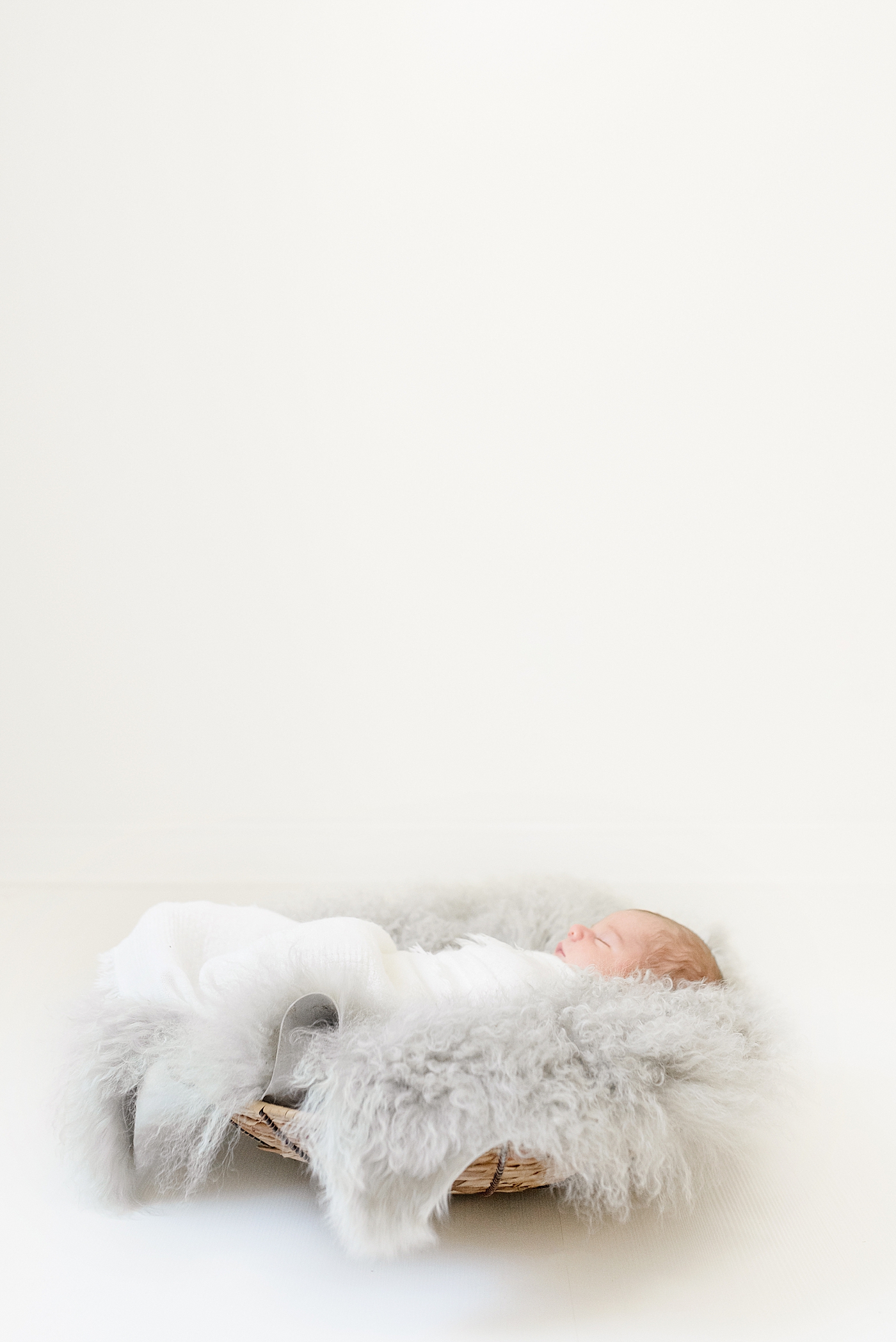 Newborn in a basket with fluffy gray blanket | Photo by North Carolina Newborn Photographer Anna Wisjo 