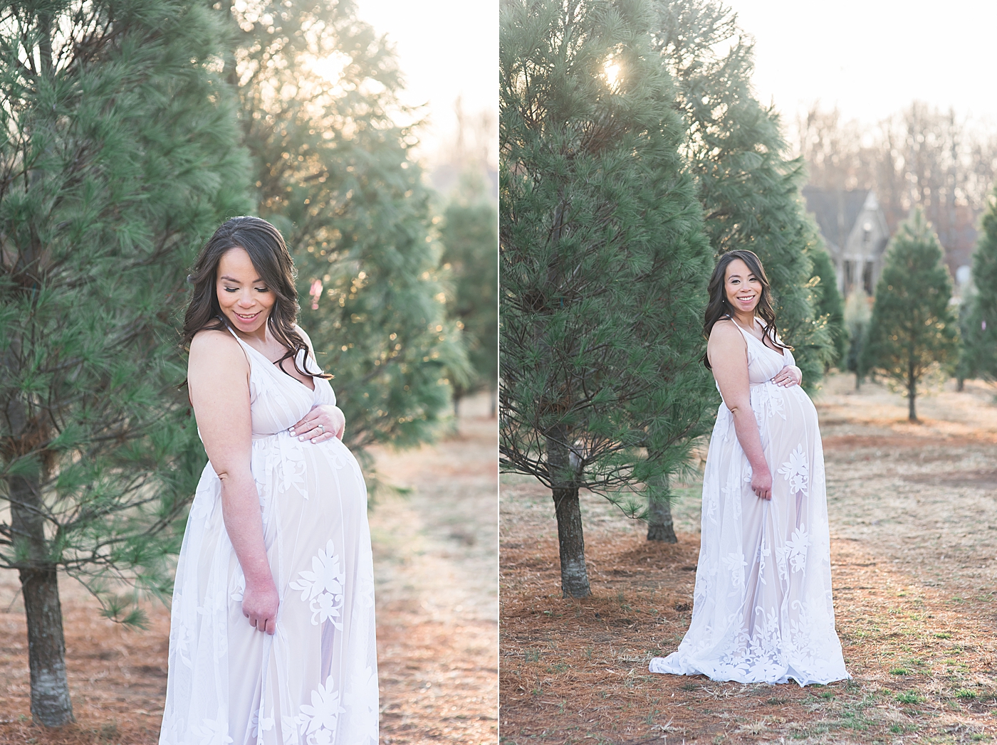 Mom to be in lace dress looking at her belly | Photo by Anna Wisjo Photography