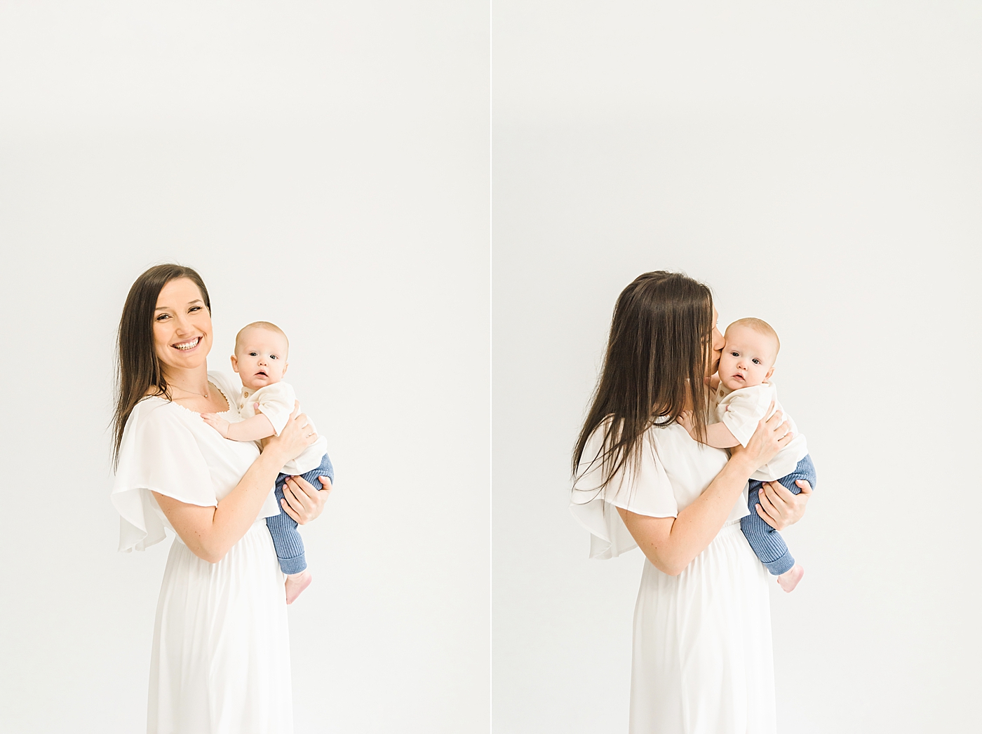 Mom in long white dress holding her baby | Photo by Denver NC milestone photographer Anna Wisjo