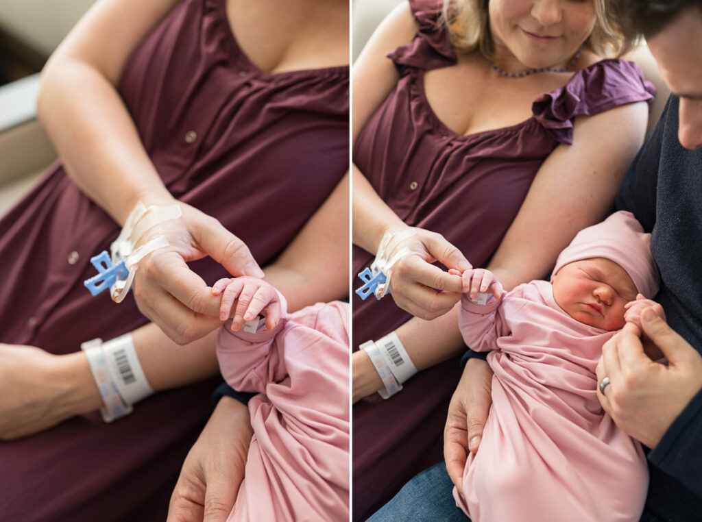 Mom and dad holding baby's tiny hand in hospital for her fresh 48 session | Anna Wisjo Photography