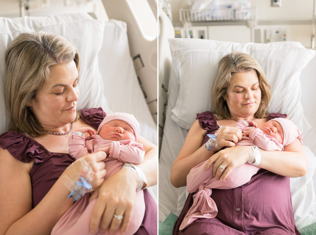 Mom in hospital bed holding her new baby girl | Anna Wisjo Photography