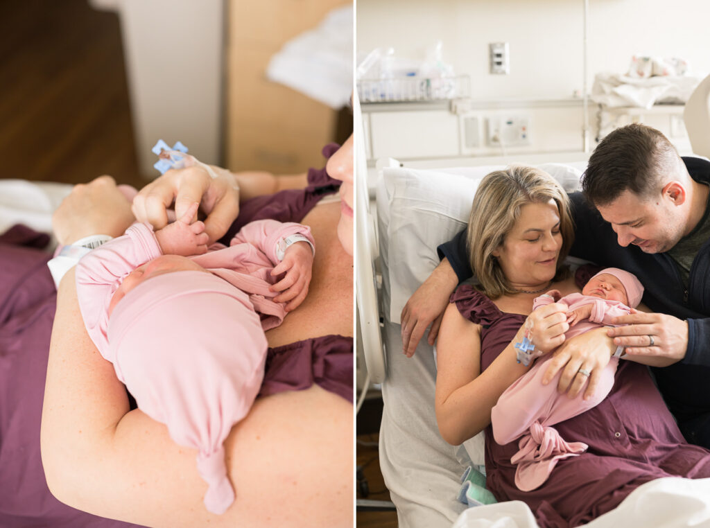 Mom in hospital bed holding her new baby girl